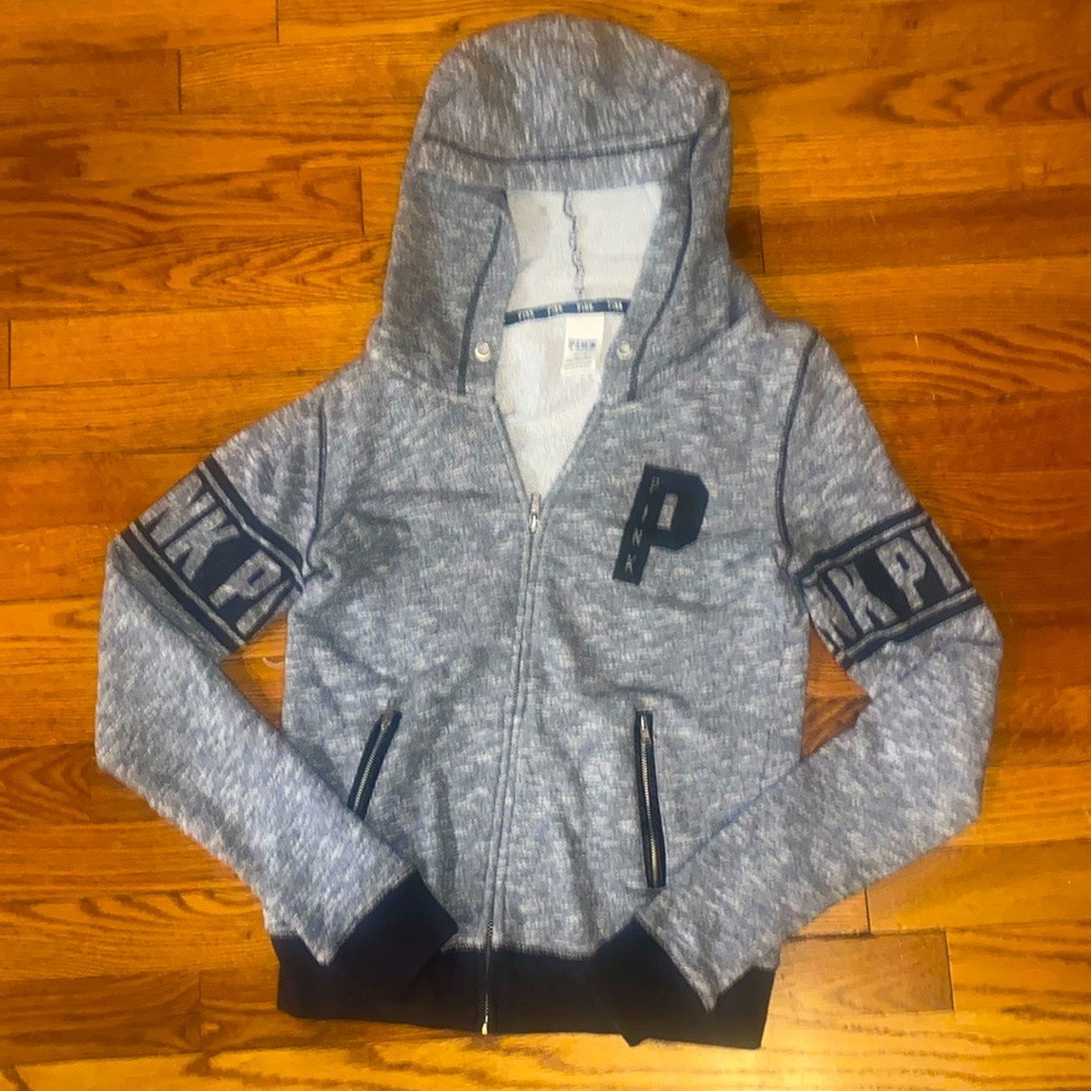 XS Grey and black zip up PINK hoodie with two zip up pockets. Missing string